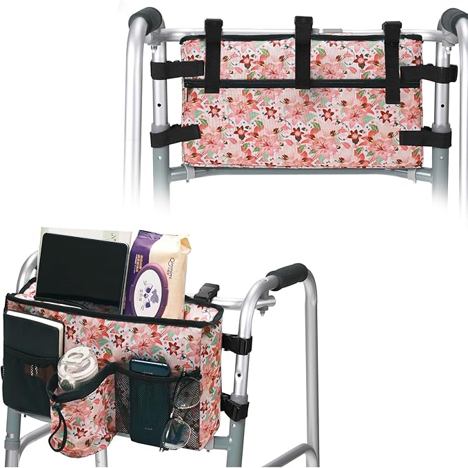 Double-Sided Walker Bag with Flower Design,Tote Handle Zipper Plug Buckle Organizer Pouch for Seniors, Walker Accessories