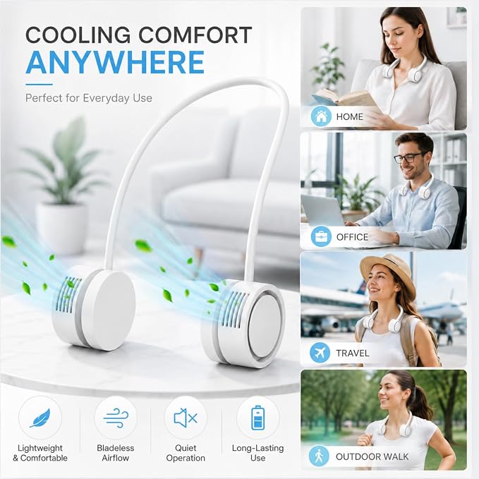 Neck Fan, Portable Bladeless Neck Fans, 4000mAh Foldable Rechargeable Bladeless Fan, 3 Speeds & Enhanced Cooling Power, Hands-Free USB Personal Fan for Men, Women, Outdoor, Travel, Ideal Gift(White)