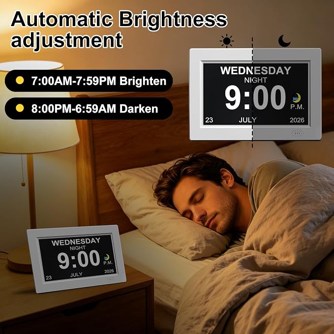 8Inch White Digital Dementia Clock, Large Display Calendar Clock, 15 Medication Reminders, Auto DST, Auto Brightness Adjustment, Equipped with Remote Control