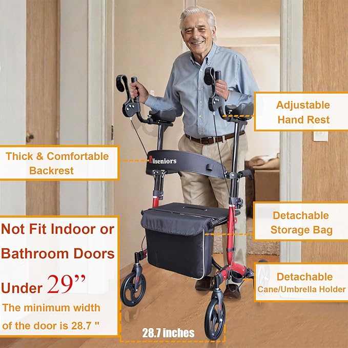 Aliseniors Upright Walker, Stand Up Rollator Walker with Seat, Foldable 4 Wheel Rolling Walker, Medical Aluminum Walkers for Seniors, Adjustable Padded Armrests, 8" Wheels, Supports 300lbs, Red