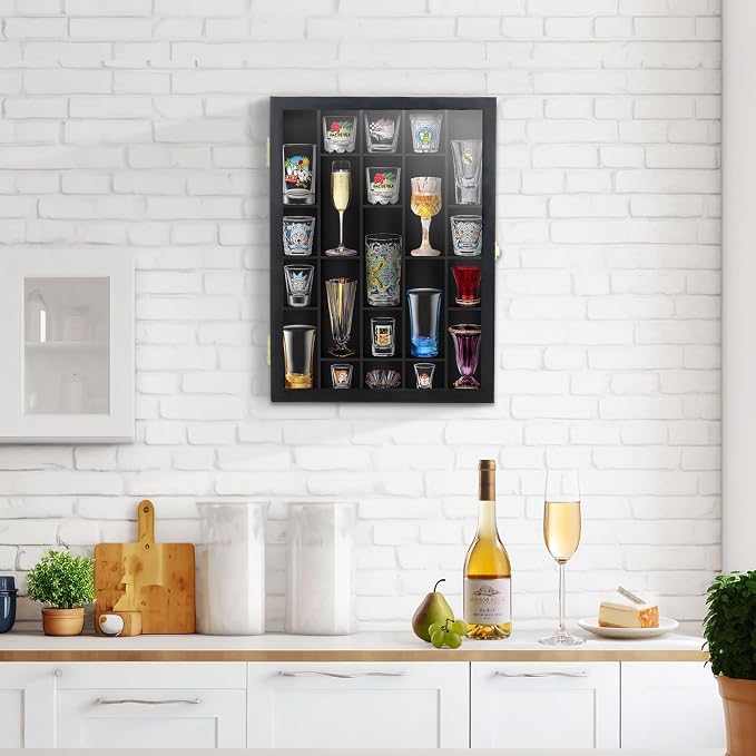 Invech Black Shot Glass Display Case Wall Mounted, Irregular Shot Glass Holder Storage for Home and Bar Decor