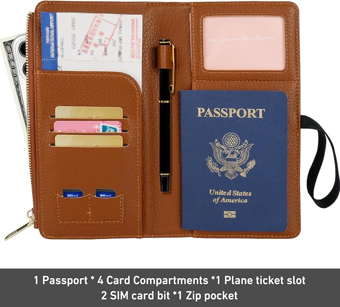 TIGARI Travel Wallet, Leather Passport Holder for Travel, Rfid Blocking Passport Wallet For Women, Zipper Pocket Card Slots Purses, Travel Document Organizer Waterproof Travel Accessories(Brown)