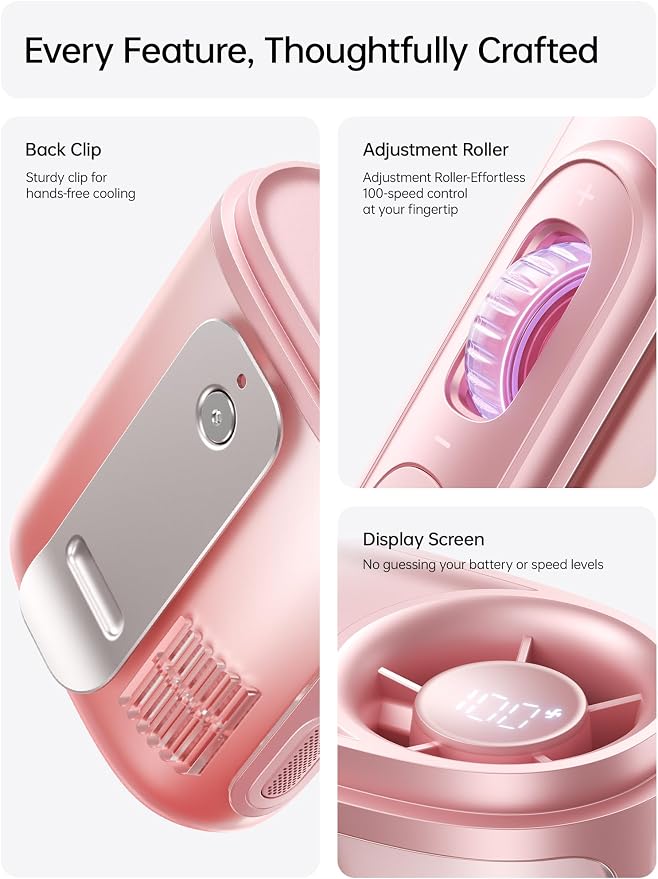 JISULIFE Portable Neck Fan 100 Speeds 40000RPM, Wearable Waist Clip on Fan | 16H Runtime, 4500mAh USB Rechargeable & LED, Personal Mini Cooling Fan, Gift for Women Outdoor/Travel/Camping/Vacation-Pink