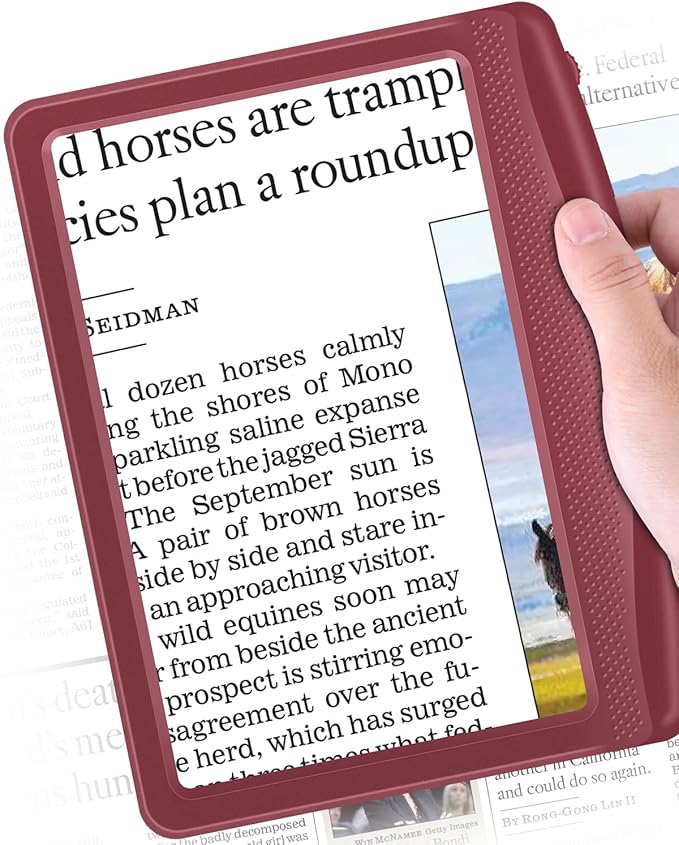 Rechargeable 5X Magnifying Glass for Reading, Large Bright Full Page Magnifier with Light, Handheld LED Dimmable Lighted, Lightweight Book Magnifier for Reading Small Prints Seniors - Red