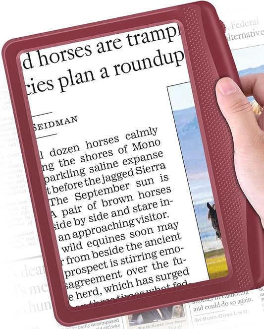 Rechargeable 5X Magnifying Glass for Reading, Large Bright Full Page Magnifier with Light, Handheld LED Dimmable Lighted, Lightweight Book Magnifier for Reading Small Prints Seniors - Red
