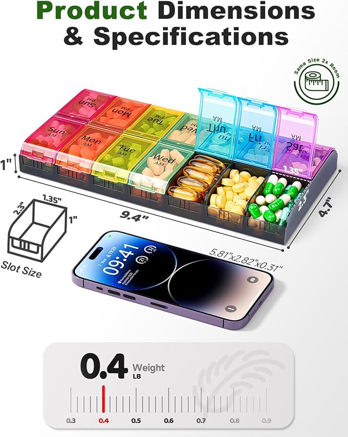 Colorwing Extra Large Pill Organizer 2 Times a Day, Weekly XL AM PM Pill Case, 7 Day Pill Box Twice a Day, Oversized Daily Medicine Pill Organizer for Vitamin, Big Pill Container, Medication Dispenser