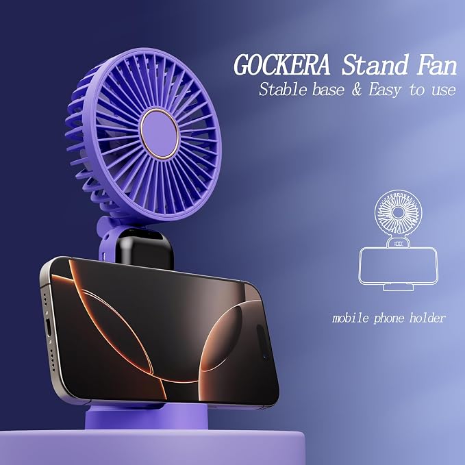 GOCKERA Portable Fan, 4200mAh Battery Operated Fan, 5 Speeds&Digital Display, Makeup Fans for Women with Base, 180°Foldable 3in1 Handheld/Neck/Desk Fan for Outdoor Indoor,Ultra Quiet (Purple)
