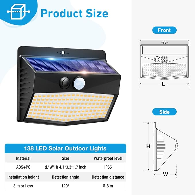 1 Pack Solar Motion Sensor Lights Outdoor Waterproof with 3 Modes | Warm White, Black Frame, LED, Solar Powered, Security Lighting for Outside Wall Garden Fence Yard Deck Patio Garage