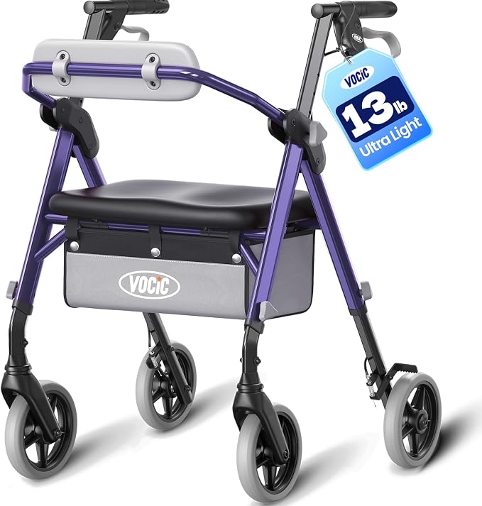 VOCIC Z12 Walker for Seniors with Seat, 13.4 LBS Ultra Light, 350 LBS | Ergo Seat & Backrest for Comfort, Height Adjustable & Easily Foldable for Seniors, All Terrain Wheels, Silver