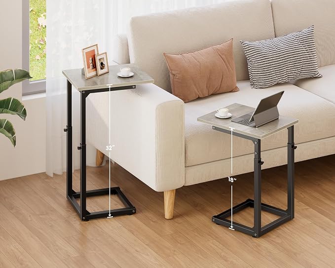 C-Shaped End Table, 33" Tall C Table Adjustable Height Side Table, Small Couch Table with Metal Frame, Slide Under Sofa TV Tray for Living Room, Bedroom, Bedside, Small Spaces, Gray