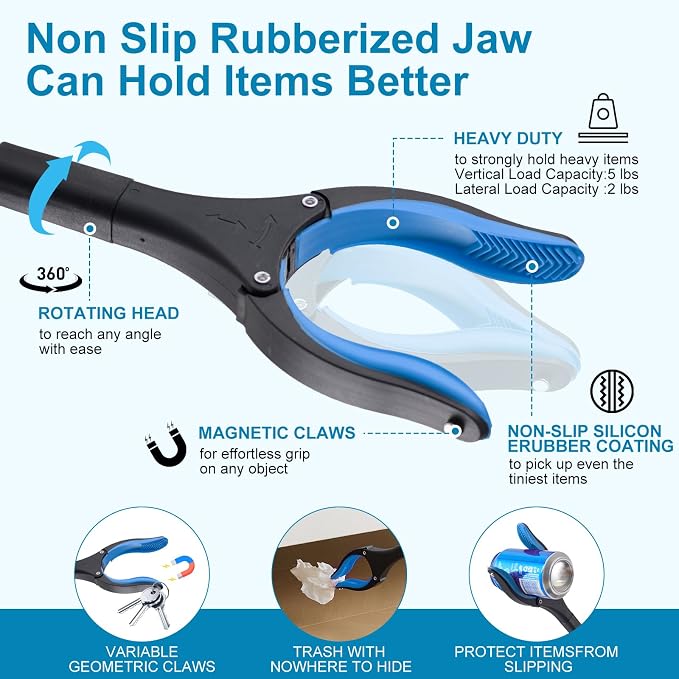 Grabber Reacher Tool 43" Foldable Pickup Tool with 360° Anti-Slip Rotating Jaw and Magnets, 4" Wide Claw Opening Trash Picker Tool for Seniors and Disabled 1-Pack