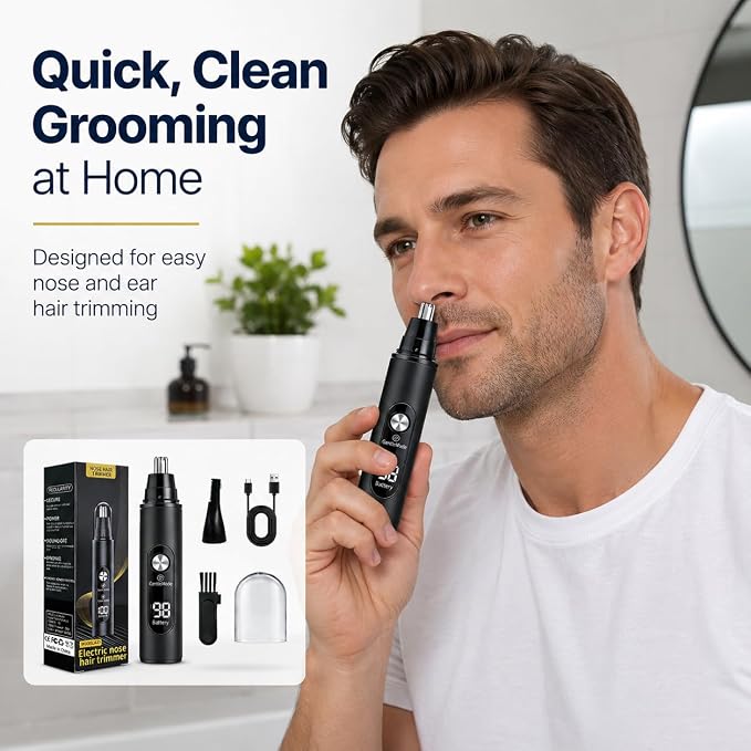 2026 Nose Hair Trimmer for Men and Women Led Display Ipx7, USB Rechargeable Ear Hair Trimmer with Dual-Edge Blades, Two-Speed Adjustment,Double Head Painless Ear & Facial Hair Trimmer(Black