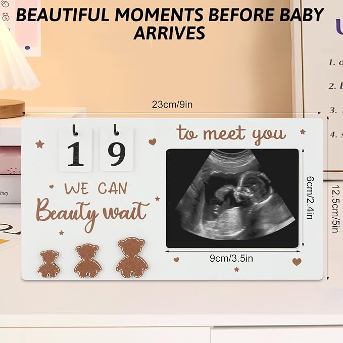 Draupnir Sonogram Picture Frame, Wooden Ultrasound Photo Frame with Baby Countdown Weeks, Bear-Themed Ultrasound Keepsake Gift for Expecting Parents, New Mom - First Pregnancy, Announcement (Brown)