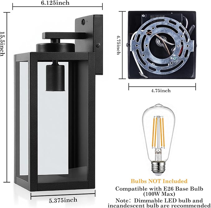 15" Large Upgraded Motion Sensor Outdoor Wall Lights, Matte Black | 3 Lighting Modes, Rust-Resistant, Quick & Easy Installation, Waterproof & Weatherproof, Thick Clear Glass & Durable Metal