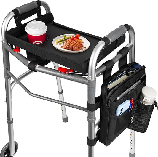 Walker Tray for Folding Walkers with Cup Holder & Side Bag, Adjutable Walker Tray Table Fits Most Standard Walkers, Non-Slip & Easy-Clean Leather Surface, Removable & Easy Assembly