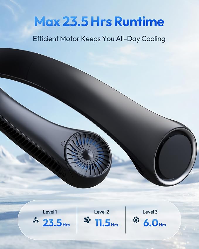 Gaiatop Portable Neck Fan Rechargeable, Hands-Free Cooling, 23.5hrs Runtime | Battery Powered Personal Wearable Fan, Summer Outdoor Travel Essentials, Birthday Gifts for Women Men Teens, Black