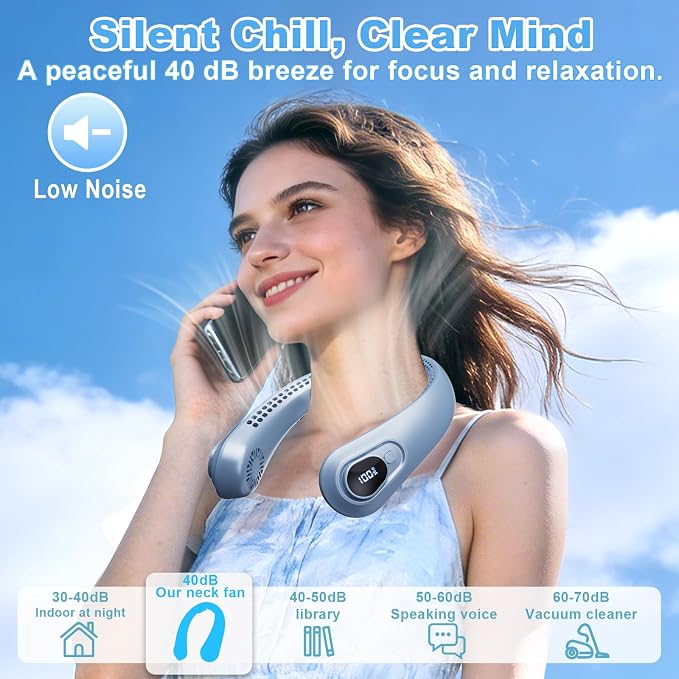 Portable Neck Fan Rechargeable - [with LED Display] 5 Speeds, 5000 mAh Battery Operated Wearable Personal Cooling Bladeless Fan for Outdoor Travel, Gifts for Men Women Kids,Sky Blue