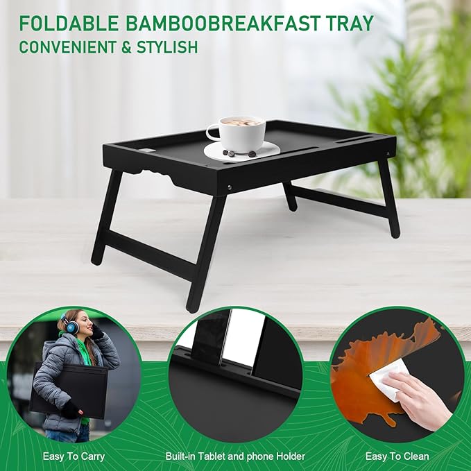 Artmeer X-Large Bamboo Bed Tray with Device Slot and Folding Legs, Black | X-large FSC-certified bamboo bed tray with device slot, folding legs and extra space for meals, laptops and reading in bed.