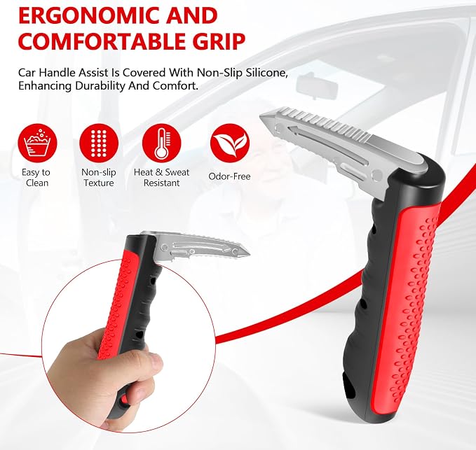 Kaiedos Car Door Handle for Elderly, 3-in-1 Car Handle Assist for Seniors, Portable Auto Cane Vehicle Support Handle, 500 lbs Capacity, Non-Slip Door Assist Bar (Red)