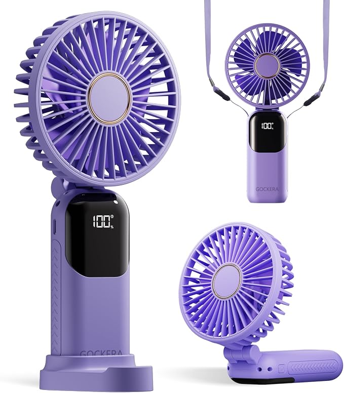 GOCKERA Portable Fan, 4200mAh Battery Operated Fan, 5 Speeds&Digital Display, Makeup Fans for Women with Base, 180°Foldable 3in1 Handheld/Neck/Desk Fan for Outdoor Indoor,Ultra Quiet (Purple)