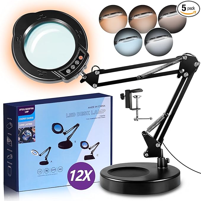 12X Magnifying Glass with Light and Stand, 5 Color Modes 10 Stepless Dimmable, Real Glass 84 LED Lighted Magnifying Glass with Swing Arm, Magnifying Lamp for Crafts Reading Painting Sewing Close Work