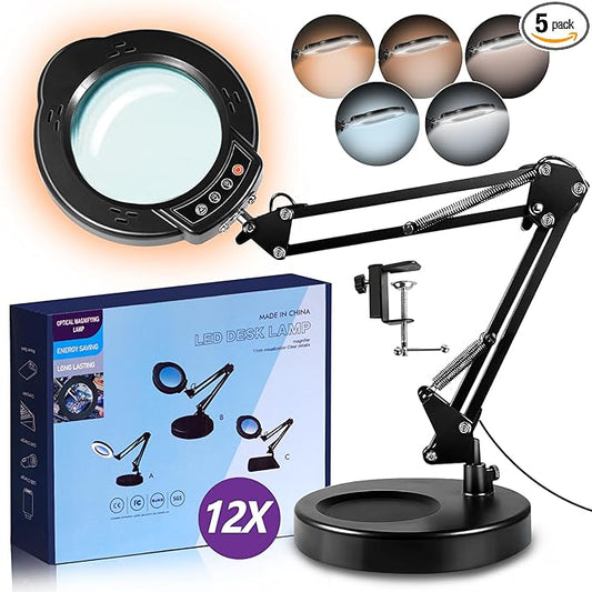 12X Magnifying Glass with Light and Stand, 5 Color Modes 10 Stepless Dimmable, Real Glass 84 LED Lighted Magnifying Glass with Swing Arm, Magnifying Lamp for Crafts Reading Painting Sewing Close Work