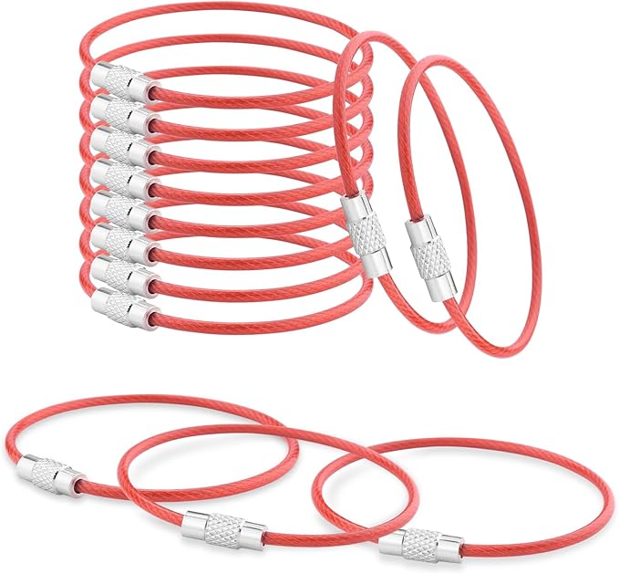 CooBigo 12 Pack Stainless Steel Loops 2mm Coated Wire Keychain Cable Large Key Rings 6 inch Key Chain for Women, Luggage Tags, Key Tags, Keyrings, Kitchen Utensils, Duster - Red