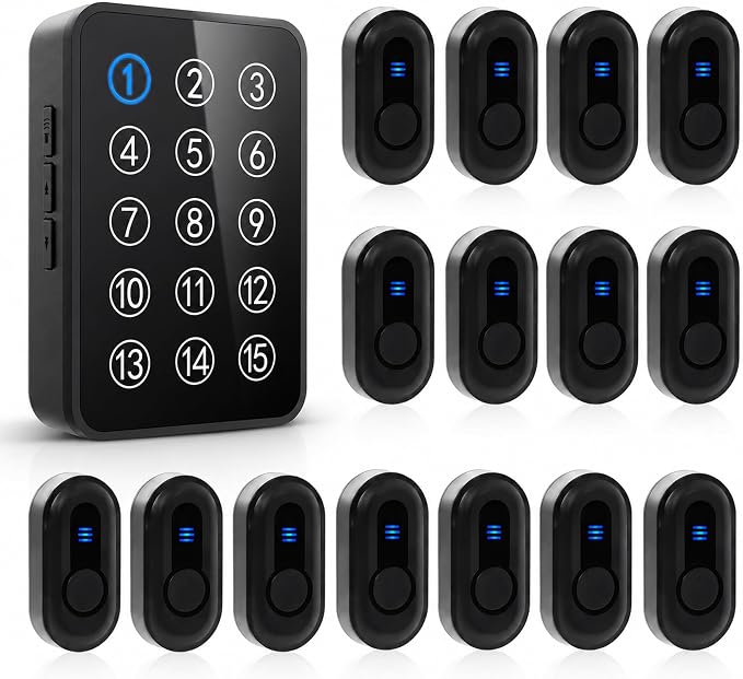 Wireless Caregiver Pager - 500ft Range Nurse Call System with LED Display, 15 Waterproof Call Buttons & 1 Receiver for Elderly, Patients, Disabled at Home, Hospital, Clinic