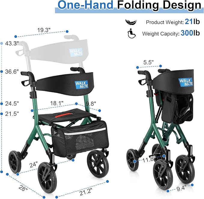 WALK MATE Rollator Walker for Seniors Taller 5.3~7ft with Height-Adjustable Seat, 10 Inch Wheels Wire-Hidden Walkers Compact Folding Design Lightweight Mobility Walking Aid Widen Backrest, Green