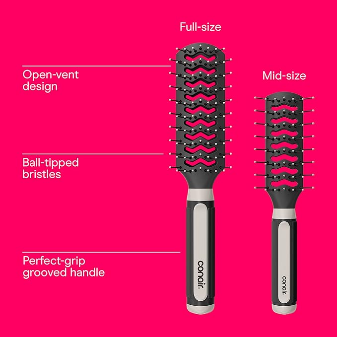Conair Grip & Lift Vent Hairbrush, Full-Size and Mid-Size Brush Set, Nylon Bristle Hair Brushes for Blowout Styling, Value Pack, Color May Vary