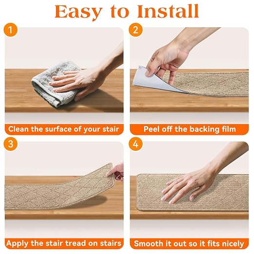 Stair Treads for Wooden Steps 10 PCS Non Slip Stair Rugs Khaki | 8x30in Self-adhesive Stair Runner Strips, Machine Washable, Indoor Carpet for Stairs, Stair Protection for Kids Pets Elderly