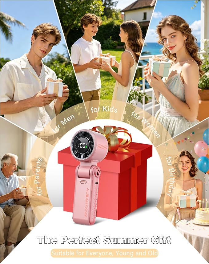 Portable Handheld Turbo Fan - 5 Speed Mini Personal Fan with Strong Airflow, Foldable 3 in 1 Rechargeable Battery Operated Trave Essentials Hand Fans for Indoor/Outdoor Use, Pink