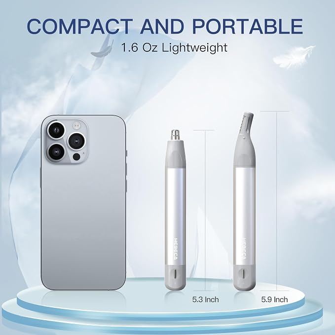 HEBECA Nose Hair Trimmer for Men & Women - 2in1 Rechargeable Ear and Nasal Hair Trimmer, Waterproof Nose Clipper, Electric Eyebrow Trimmer & Facial Hair Remover Grooming Set (Silver Grey)