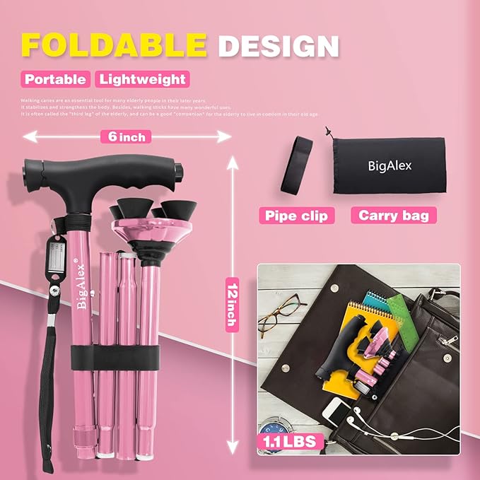 BigAlex Folding Walking Cane with LED Light,Pivoting Quad Base,Adjustable Walking Stick with Carrying Bag for Man/Woman (Alloy Base)