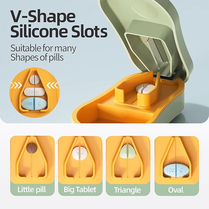 Pill Cutter Splitter for Small and Tiny Pills - 1/2 Accurately Cuts -Easy Open Snap Button.Wrap-Around Blade Guard Prevents Cuts. Detachable V-Shaped Pad. Back Storage(Green)