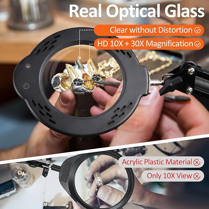 10X 30X Magnifying Glass with Light, Desktop LED Magnifying Lamp with Clamp, 5 Color Modes, 10 Dimmable Levels, Magnifier with Light Hands Free, Reading Crafts Jewelry Sewing