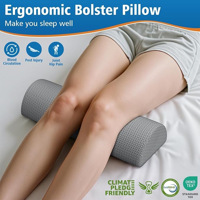 Knee Pillow for Side Sleepers, Half Moon Memory Foam Bolster Pillow for Legs, Ergonomic Design Wedge Elevation Pillow for Side & Back Sleeping, Under Knee Support, Foot, Ankle, Lumbar, Gray - 2 Pack