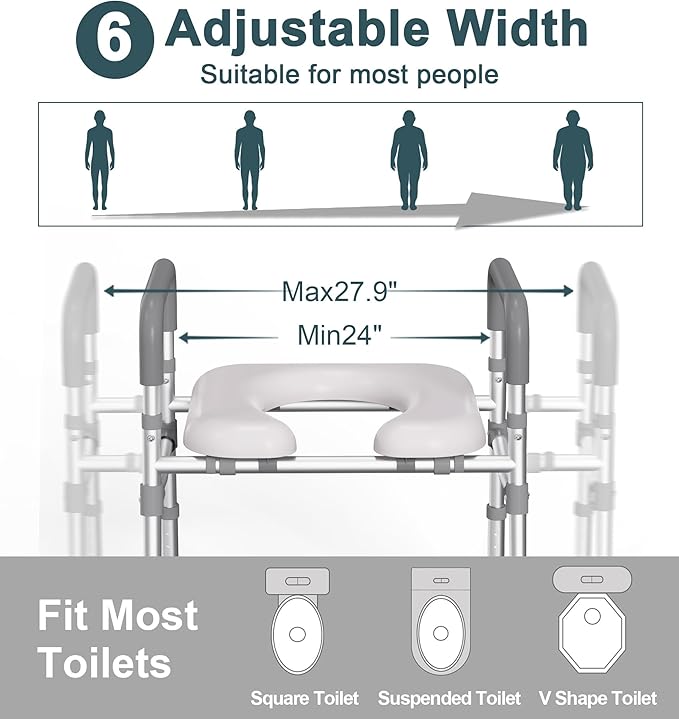 HOMLAND Raised Toilet Seat with Handles, FSA HSA Eligible 500lb Toilet Seat Riser for Seniors with Bedpan, Adjustable Height & Width, Handicap Elevated Toilet Seat for Elderly, Bedside, Fit Any Toilet