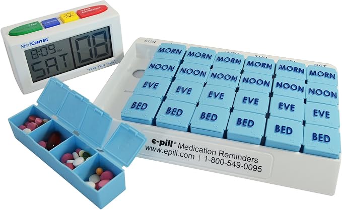 e-Pill 4 Times a Day x 7 Day Large Weekly Pill Organizer, Vitamin, and Medicine Pillbox - with 4 Alarm Talking Reminder