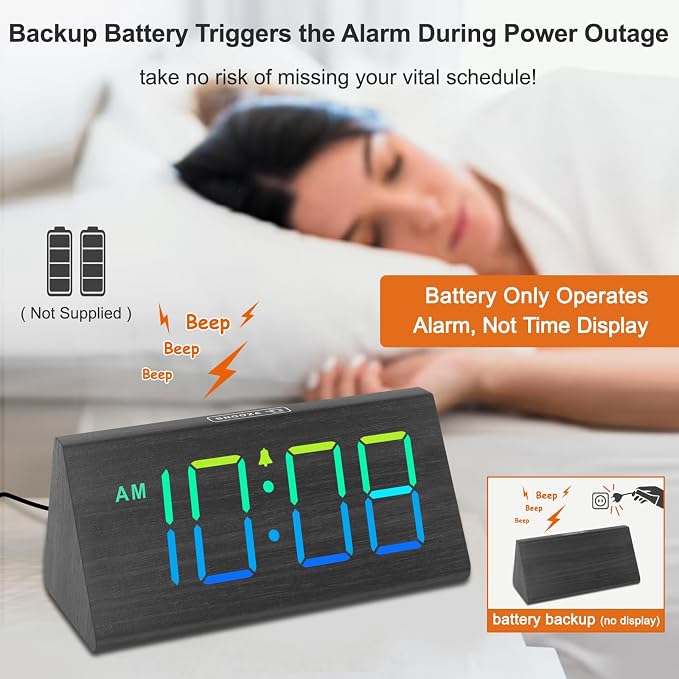 DreamSky Wooden Digital Alarm Clock for Bedroom with RGB Large Numbers | Electric Desk Clock, USB Port, Loud Alarm for Heavy Sleepers, Dimmer and Volume Control, Snooze, Wood Décor, Adapter Powered