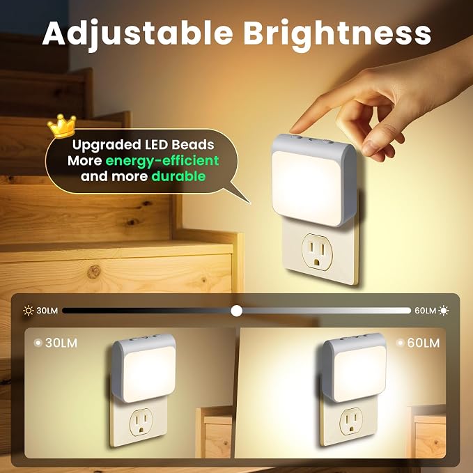 6-Pack Dimmable LED Night Lights Plug into Wall with Dusk to Dawn Sensor, 2 Color in 1 Plug in Night Light 30-60lm Brightness Adjustable, Auto-On/Off Nightlight for Bedroom, Kitchen, Bathroom, Hallway