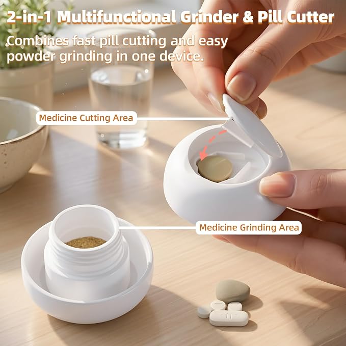 Pill Cutter Splitter for Small and Tiny Pills, 2-in-1 Mini Pill Crusher Grinder, Precise Cutting for Pills Vitamins, Portable for Travel & Pet (White)