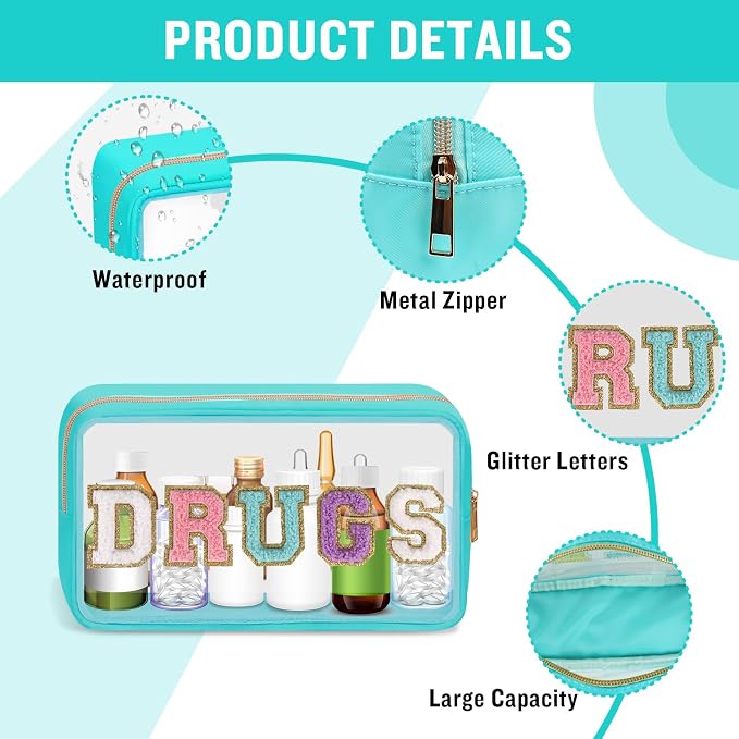 Clear Letter Patch Medicine Bag Drugs Pouch with Zipper, Travel Portable Cosmetic Makeup Bag for Women Girls, Waterproof Nylon PVC Toiletry Meds Storage Case Chenille Letter Stadium Bag(Green, DRUGS)