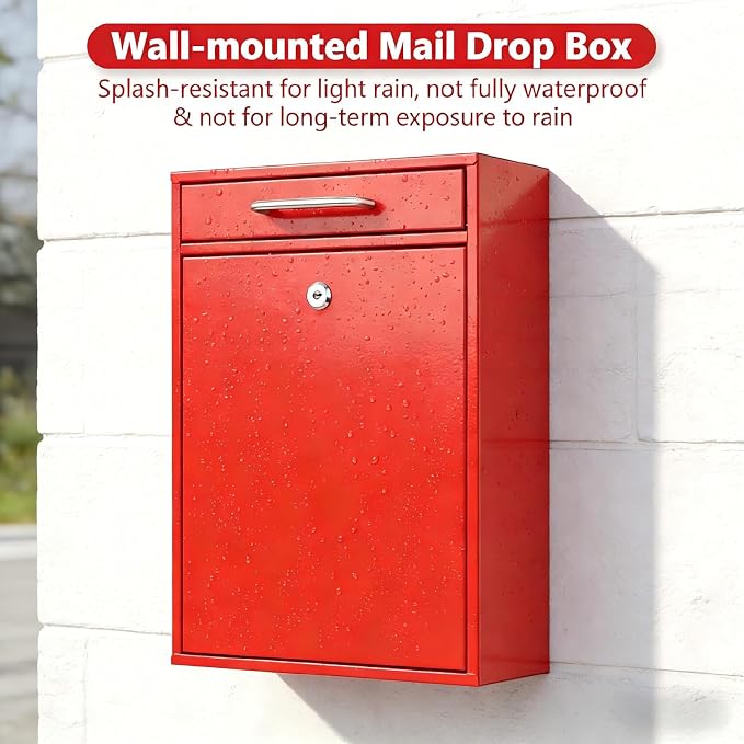 KYODOLED Locking Wall Mount Mailbox for Outside, Drop Box, X-Large, Red | Heavy-Duty Steel, Outdoor Mail Box with Key Lock, Large Capacity, Home, Office & Apartment Use, 16.2H × 11.2L × 4.6W In