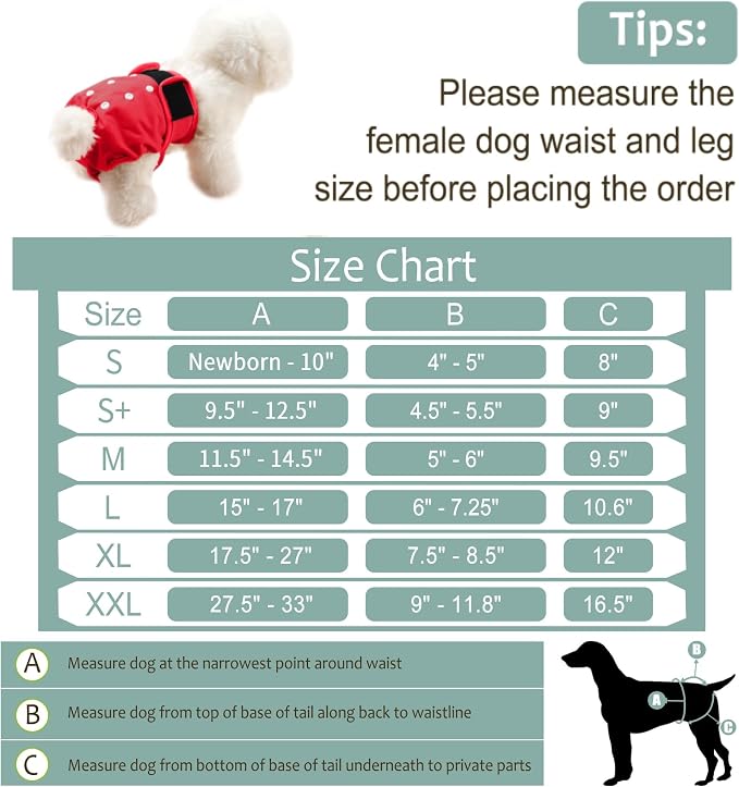 Washable Female Dog Diapers (5 Pack) - Doggie Reusable Small Medium Large Dog Diapers for Doggy Puppy Female in Period - Highly Absorbent Dog Heat Panties,S Plus,Red