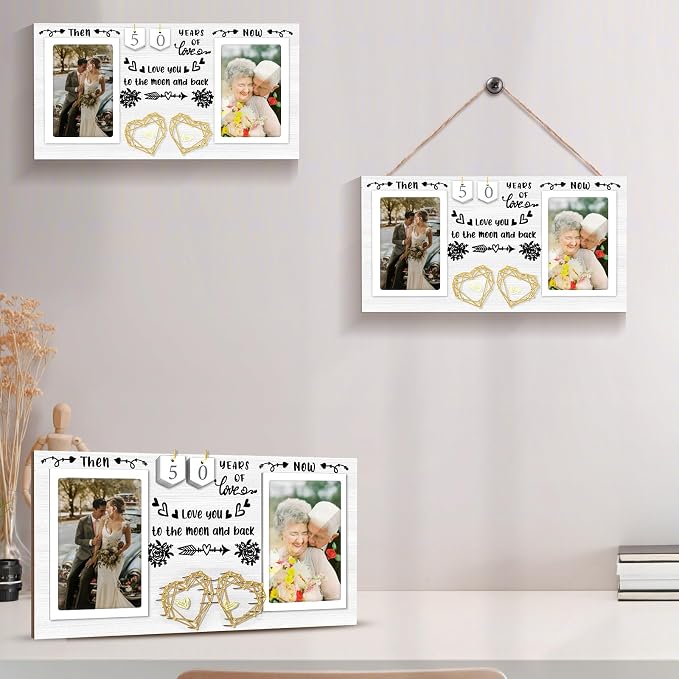 Then & Now Anniversary Picture Frame for Couple - 1-99 Years Wedding Picture Frame,Engagement Bridal Shower Gifts for Couples Wooden Photo Frame Holds Two 4x6 Photos-White
