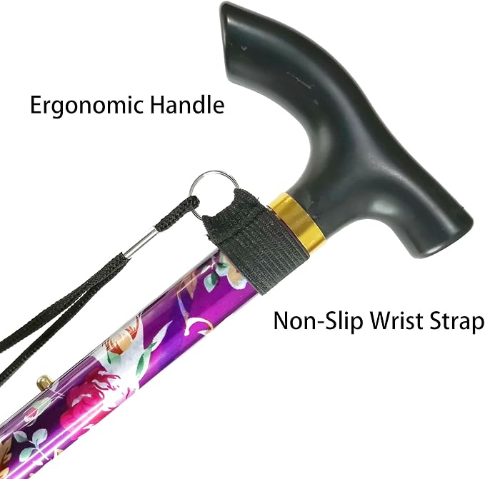 Folding Canes for Men and Women, Floral | 5-Level Adjustable Height, Lightweight Collapsible, Aluminum, Wrist Strap, T Handle, Walking Sticks for Seniors Adults
