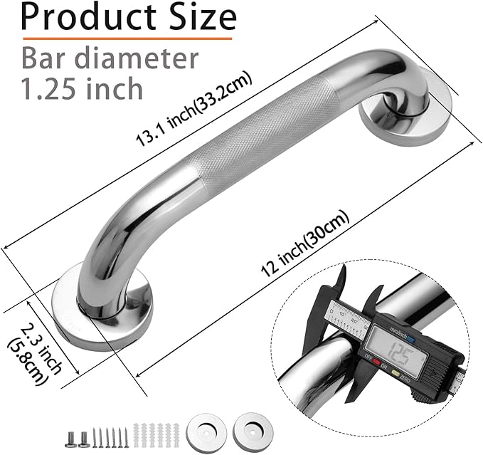 Shower Grab Bar, 2 Pack 12 Inch Bathroom Grab Bar, 1.25" Diameter 304 Stainless Steel Anti-Slip Grab Bars for Bathtubs and Showers, Handicap Shower Grab Bar for Seniors Elderly