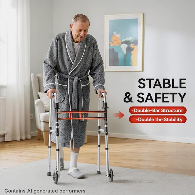 Loyoda Folding Walkers for Seniors Adjustable Aluminum Front Wheel Walker | 5" Wheels, Trigger Release Folding, Height & Width Adjustable, Lightweight Standard Walker, 350 lbs Capacity, Silver