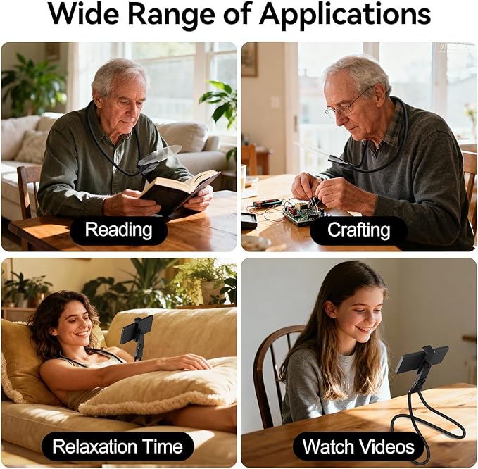 2 in 1 Hands Free Magnifying Glass, Desktop Cell Phone Stand, 10X 20X Magnifying Glass for Reading, Flexible Lazy Bracket DIY Free Rotating on Table, for Sewing, Cross-Stitching